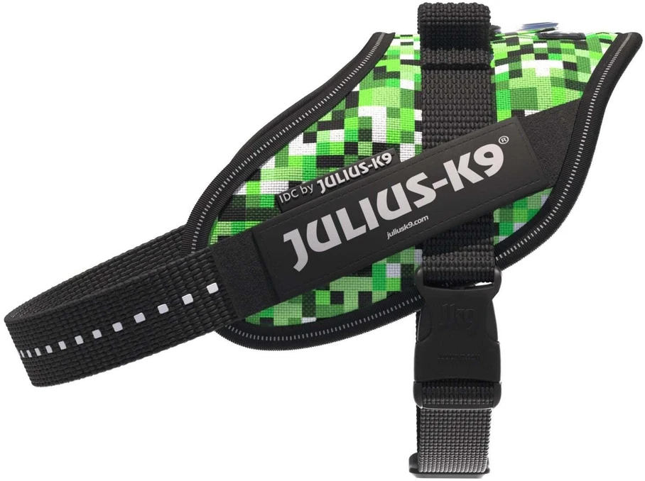 Julius-K9 IDC Powerharness Pixelfield – Atspindintis žalias pikselių šunų pakinktas, reguliuojamas