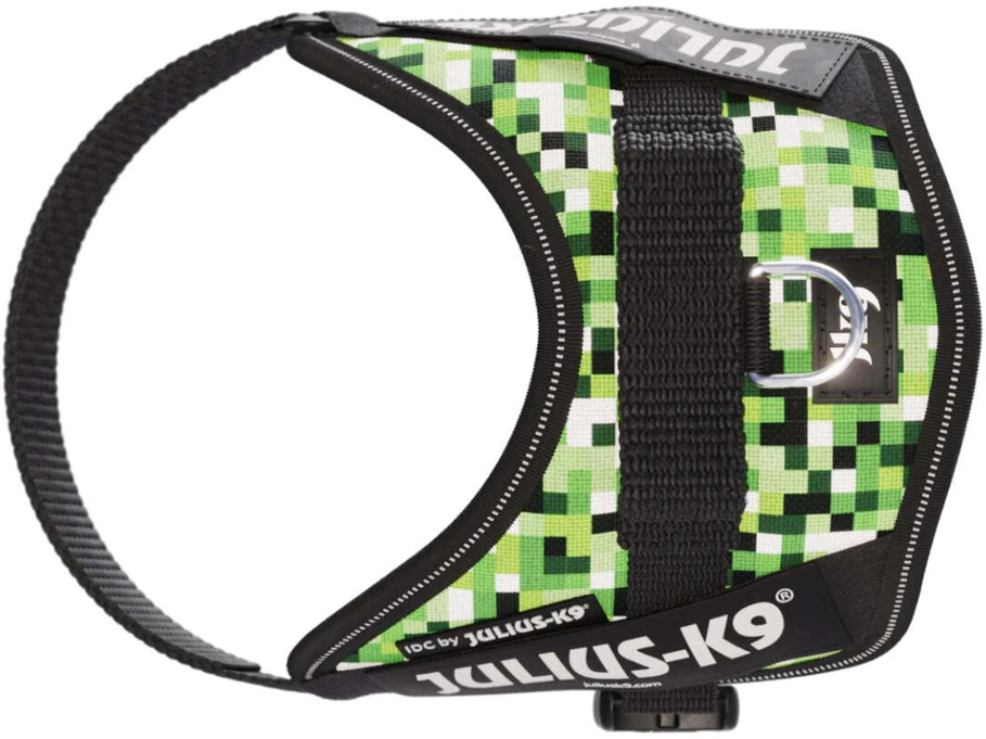 Julius-K9 IDC Powerharness Pixelfield – Atspindintis žalias pikselių šunų pakinktas, reguliuojamas