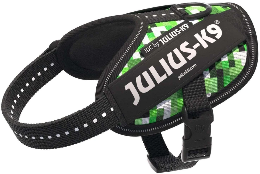 Julius-K9 IDC Powerharness Pixelfield – Atspindintis žalias pikselių šunų pakinktas, reguliuojamas