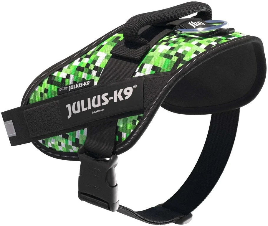 Julius-K9 IDC Powerharness Pixelfield – Atspindintis žalias pikselių šunų pakinktas, reguliuojamas