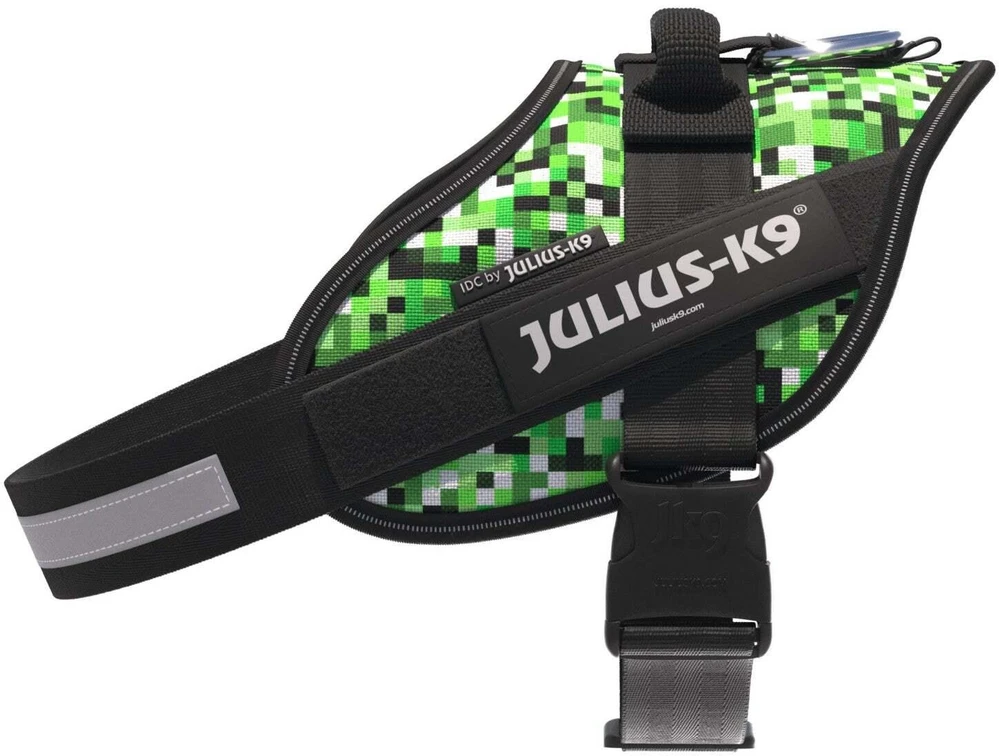 Julius-K9 IDC Powerharness Pixelfield – Atspindintis žalias pikselių šunų pakinktas, reguliuojamas