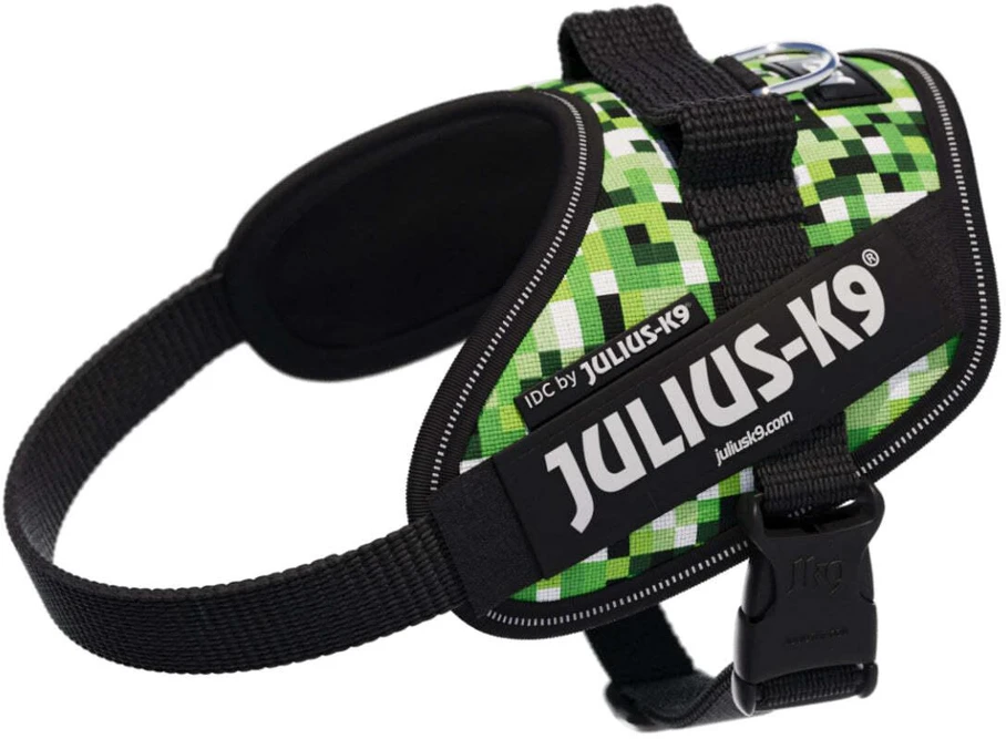 Julius-K9 IDC Powerharness Pixelfield – Atspindintis žalias pikselių šunų pakinktas, reguliuojamas