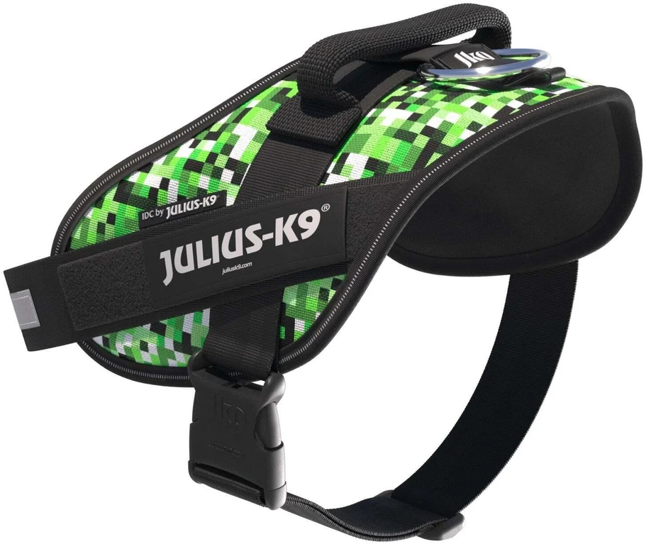 Julius-K9 IDC Powerharness Pixelfield – Atspindintis žalias pikselių šunų pakinktas, reguliuojamas