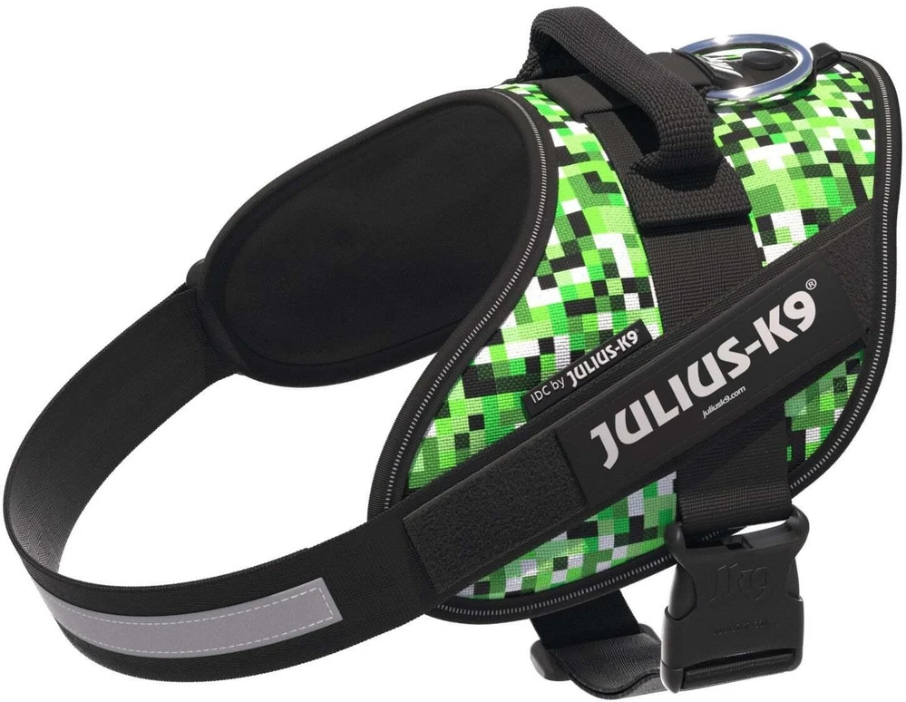 Julius-K9 IDC Powerharness Pixelfield – Atspindintis žalias pikselių šunų pakinktas, reguliuojamas