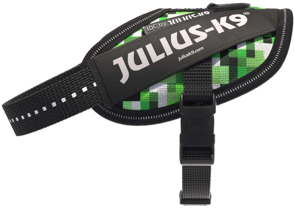 Julius-K9 IDC Powerharness Pixelfield – Atspindintis žalias pikselių šunų pakinktas, reguliuojamas