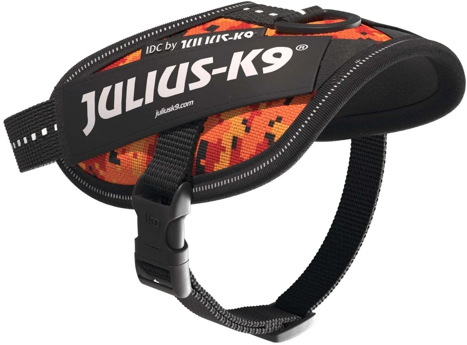 Julius-K9 IDC Powerharness Pixeljuice – Atspindinti šunų pavadėlį su oranžiniu pikselių dizainu, 2 dydis