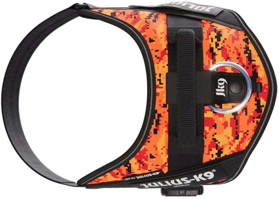 Julius-K9 IDC Powerharness Pixeljuice – Atspindinti šunų pavadėlį su oranžiniu pikselių dizainu, 2 dydis