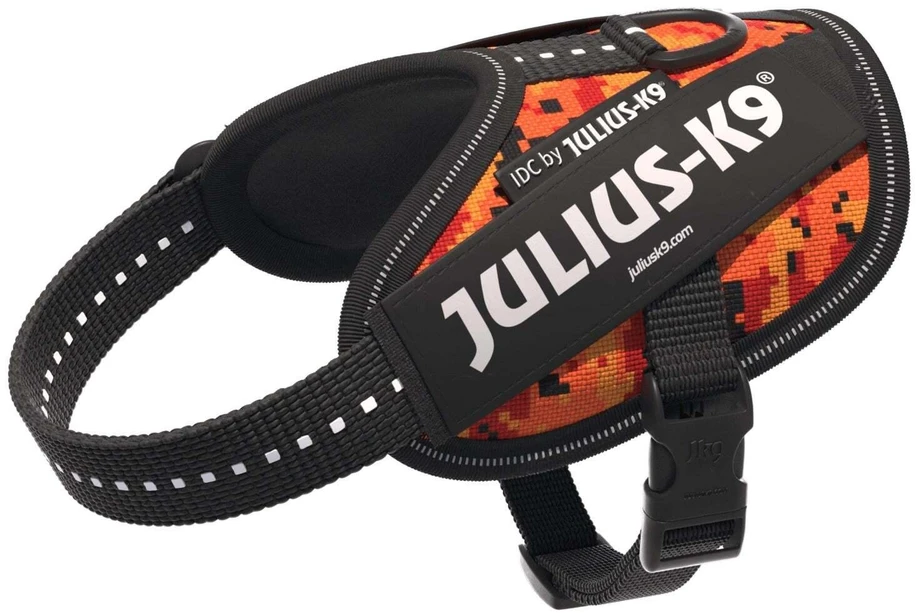 Julius-K9 IDC Powerharness Pixeljuice – Atspindinti šunų pavadėlį su oranžiniu pikselių dizainu, 2 dydis
