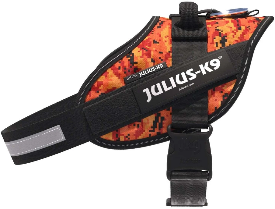 Julius-K9 IDC Powerharness Pixeljuice – Atspindinti šunų pavadėlį su oranžiniu pikselių dizainu, 2 dydis