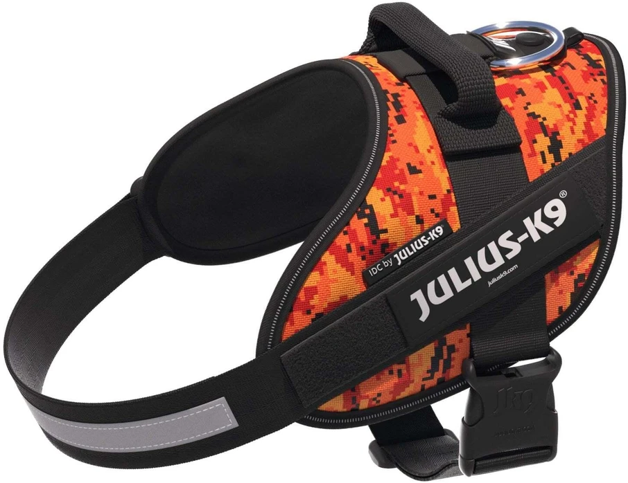 Julius-K9 IDC Powerharness Pixeljuice – Atspindinti šunų pavadėlį su oranžiniu pikselių dizainu, 2 dydis