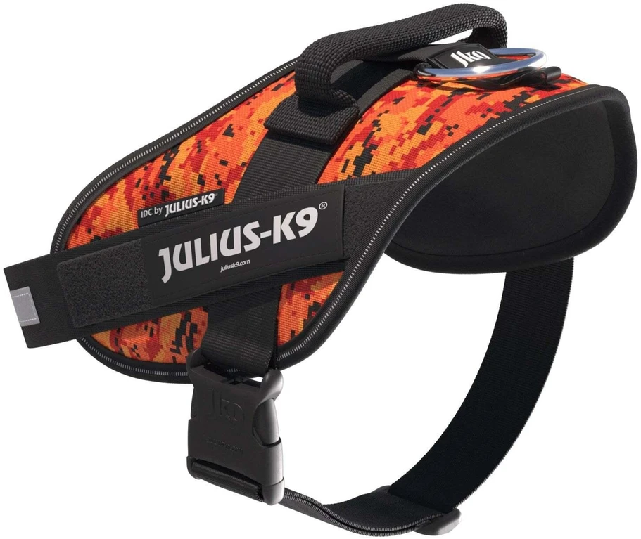 Julius-K9 IDC Powerharness Pixeljuice – Atspindinti šunų pavadėlį su oranžiniu pikselių dizainu, 2 dydis