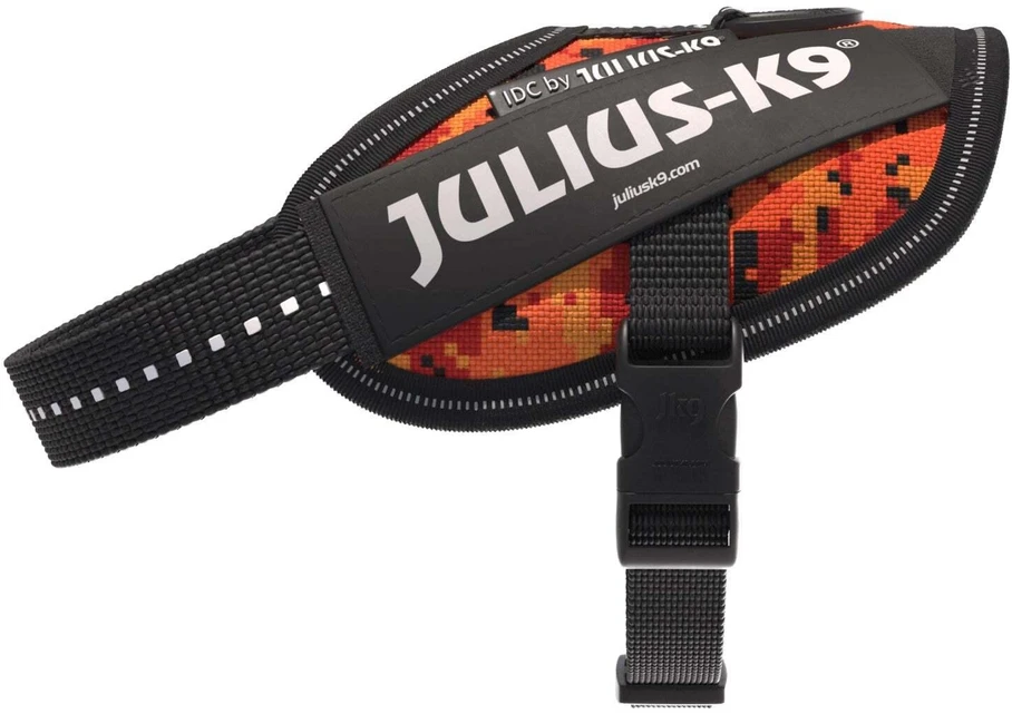 Julius-K9 IDC Powerharness Pixeljuice – Atspindinti šunų pavadėlį su oranžiniu pikselių dizainu, 2 dydis