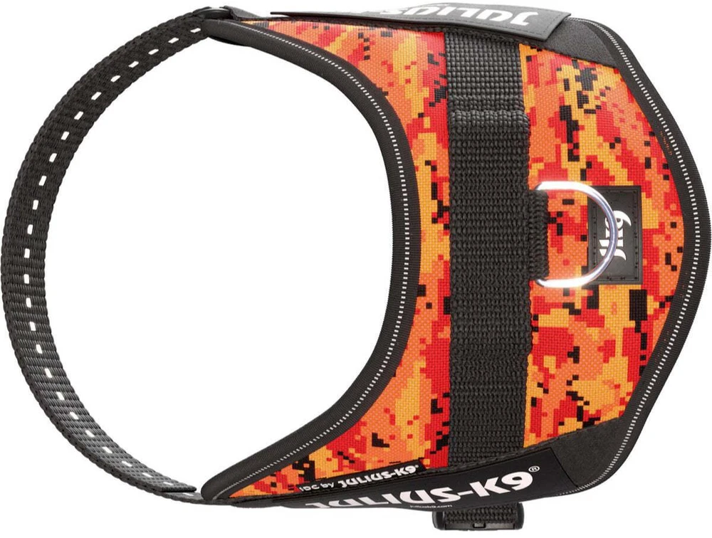 Julius-K9 IDC Powerharness Pixeljuice – Atspindinti šunų pavadėlį su oranžiniu pikselių dizainu, 2 dydis