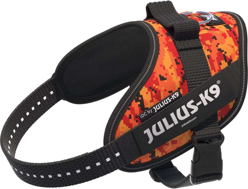 Julius-K9 IDC Powerharness Pixeljuice – Atspindinti šunų pavadėlį su oranžiniu pikselių dizainu, 2 dydis