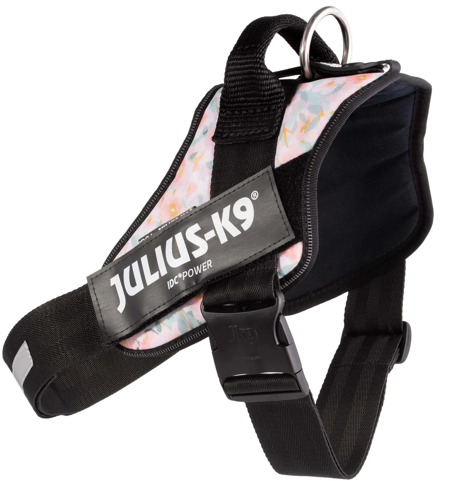 Julius-K9 IDC Powerharness Pretty – Atspindintis gėlių raštų pakinktas su saugiu prigludimu