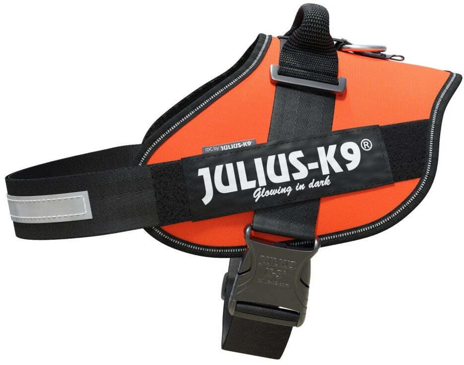 Julius-K9 IDC Powerharness UV Oranžinė – Premium reguliuojama pavadėlio jungtis, 4 dydis, itin ryškus dizainas