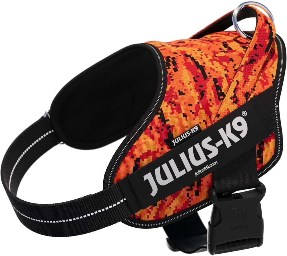 Julius-K9 Power & More Pixeljuice diržas – XXL Reguliuojamas šunų diržas su adaptuojančiu pavadėlio laikikliu, oranžiniai pikseliai
