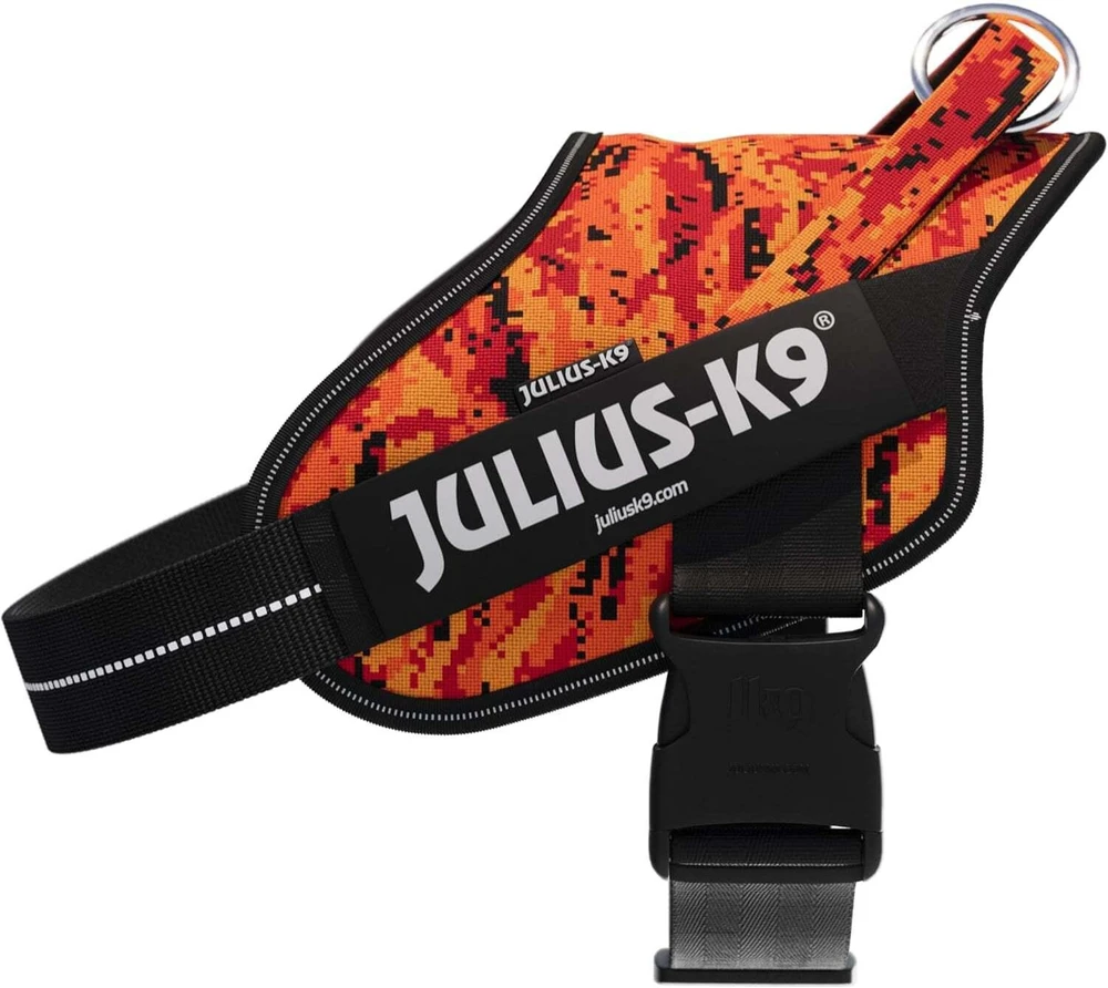 Julius-K9 Power & More Pixeljuice diržas – XXL Reguliuojamas šunų diržas su adaptuojančiu pavadėlio laikikliu, oranžiniai pikseliai