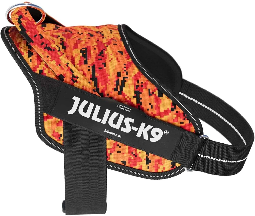 Julius-K9 Power & More Pixeljuice diržas – XXL Reguliuojamas šunų diržas su adaptuojančiu pavadėlio laikikliu, oranžiniai pikseliai