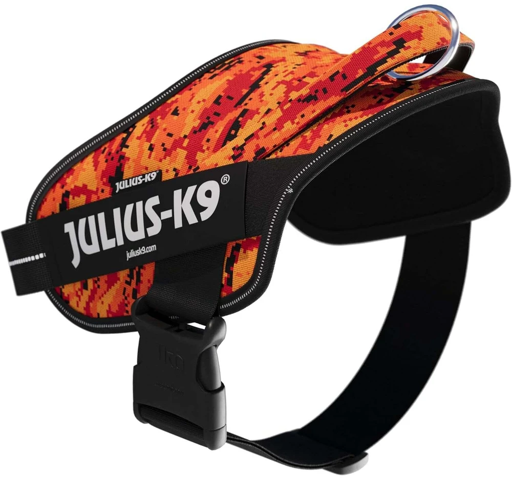 Julius-K9 Power & More Pixeljuice diržas – XXL Reguliuojamas šunų diržas su adaptuojančiu pavadėlio laikikliu, oranžiniai pikseliai