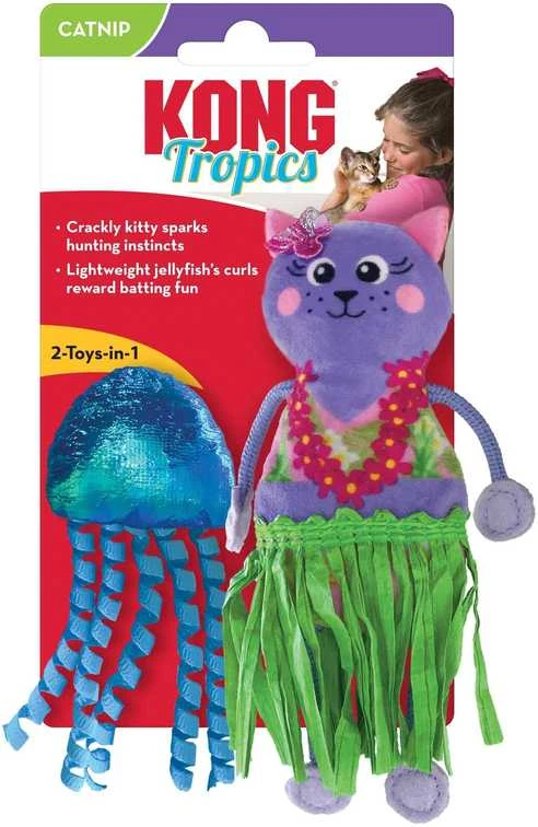 KONG Tropics Hula katės žaislas – 2-in-1 katė ir medūza su katžole ir šnarėjimo garsu