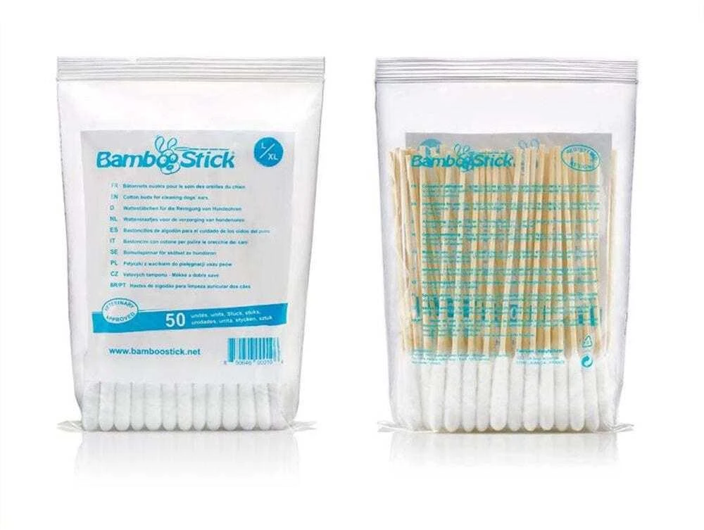 BambooStick L/XL Ausų valymo lazdelės – itin dideli medvilniniai antgaliai, švelnios ir sugeriančios, 10 vnt. pakuotė