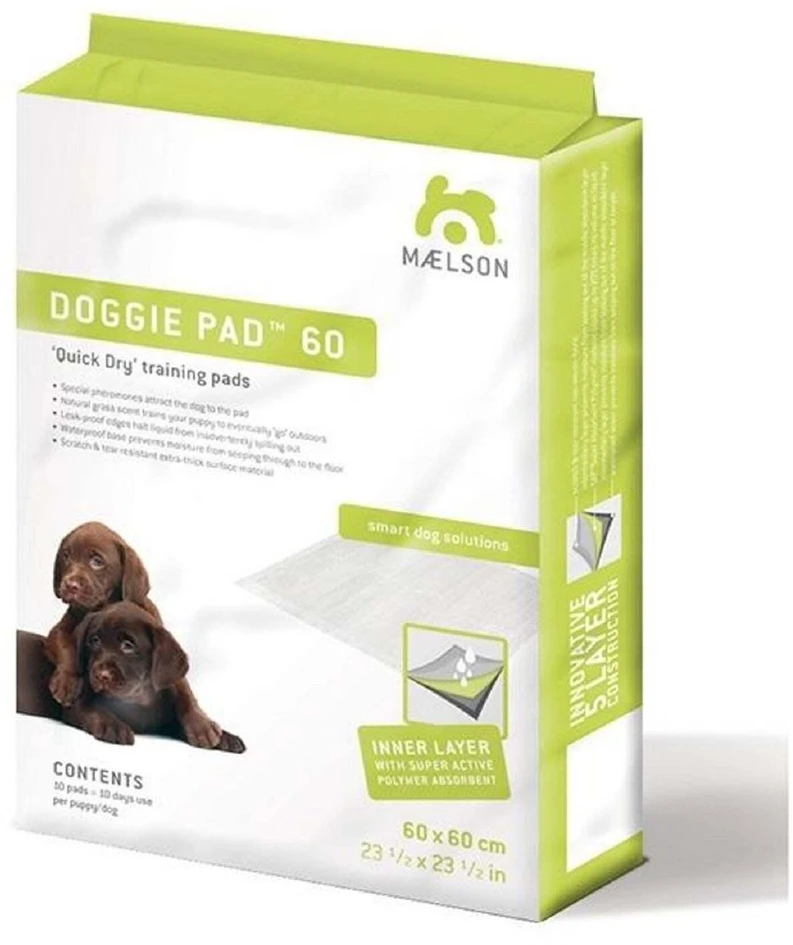 Maelson Doggie Pad 60 Greito džiūvimo sugeriantys kilimėliai, 60x60cm, 10 vnt. – Higieniškas dresūros sprendimas