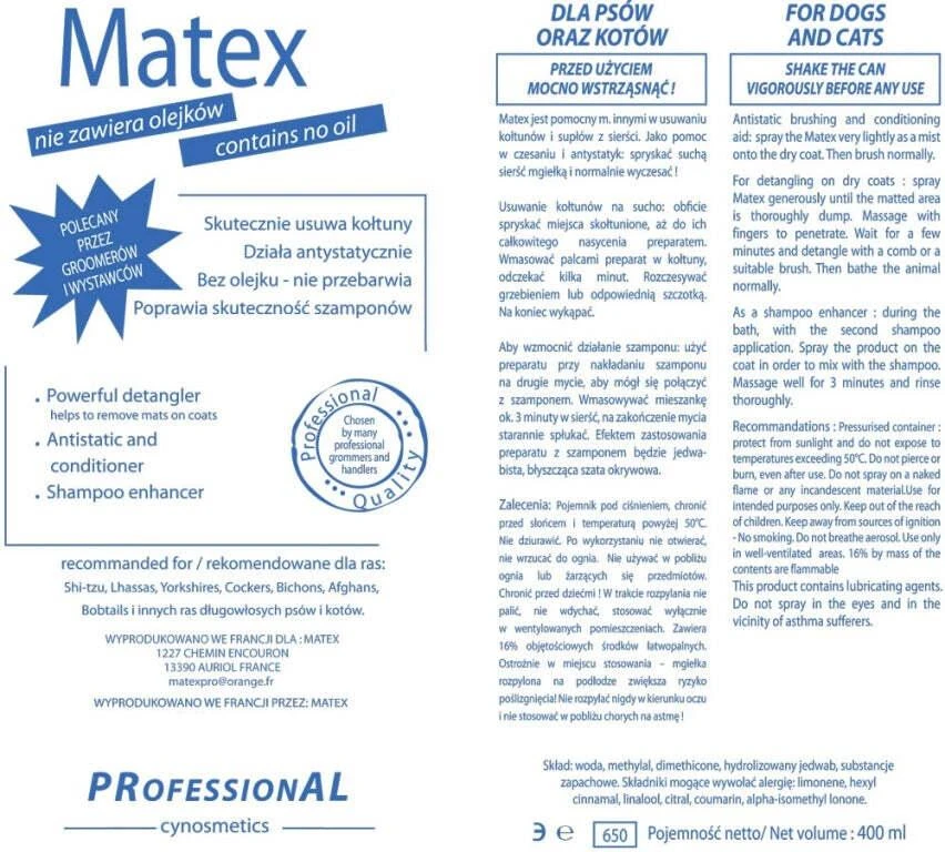 Matex Antistatinis kondicionierius 400ml – Volumizuojanti formulė susivėlusiems ir besiveliančiams plaukams