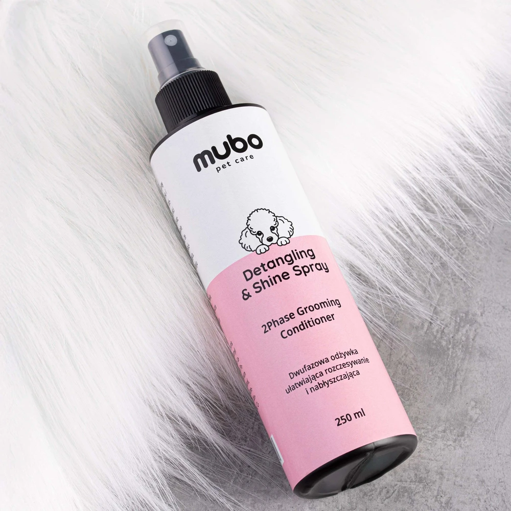Mubo Atriukšimo ir blizgesio purškalas 250 ml – Dvifazė kondicionuojanti formulė, palengvina šukavimą ir suteikia kailiui blizgesio