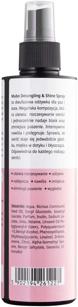 Mubo Atriukšimo ir blizgesio purškalas 250 ml – Dvifazė kondicionuojanti formulė, palengvina šukavimą ir suteikia kailiui blizgesio