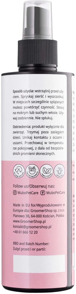 Mubo Atriukšimo ir blizgesio purškalas 250 ml – Dvifazė kondicionuojanti formulė, palengvina šukavimą ir suteikia kailiui blizgesio