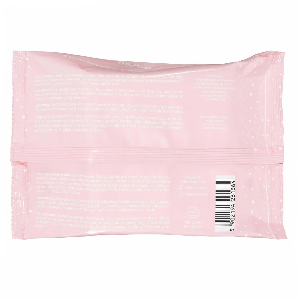 Mubo Chlorhexidine ir Alavijo Priežiūros servetėlės – Antibakterinis valymas, drėkinimas, 100 vnt., 15x30cm
