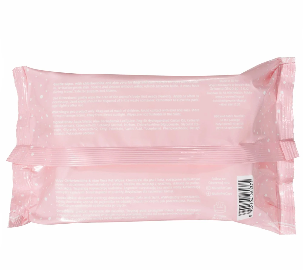 Mubo Chlorhexidine ir Aloe Vera priežiūros servetėlės – Antibakterinės, raminančios, didelės, 40 vnt. pakuotė