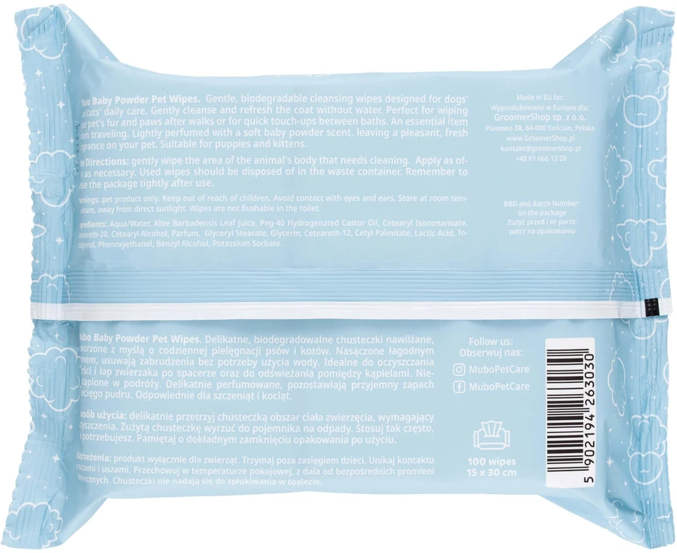 Mubo drėgnos servetėlės naminiams gyvūnams, 100 vnt. – švelnios, alavijais prisotintos valomosios servetėlės, 15x30 cm, lengvas aromatas
