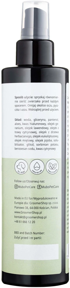 Mubo šunų vedžiojimo purškalas 250ml – natūralūs eteriniai aliejai, gaivinantis kvapas, lengvas naudojimas