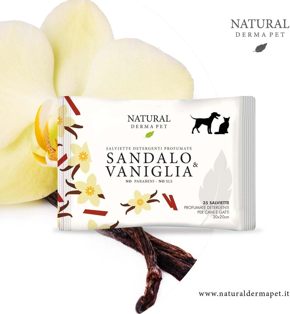 Natural Derma Pet Natūralūs Derma Pet drėgnieji valymo servetėlės su santalo ir vanilės kvapu, švelnūs