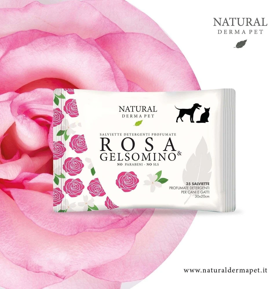 Natural Derma Pet Valomosios šluostės švelnus valymas su rožių ir jazminų kvapu