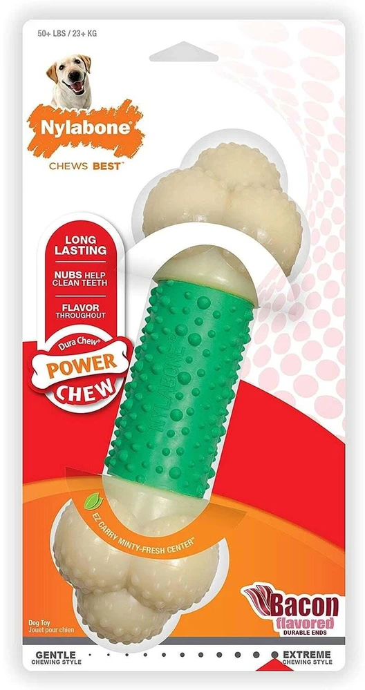 Nylabone Extreme Double Action kramtakšlis – įvairios tekstūros, su kiaulienos ir mėtų skoniu, vidutinio dydžio