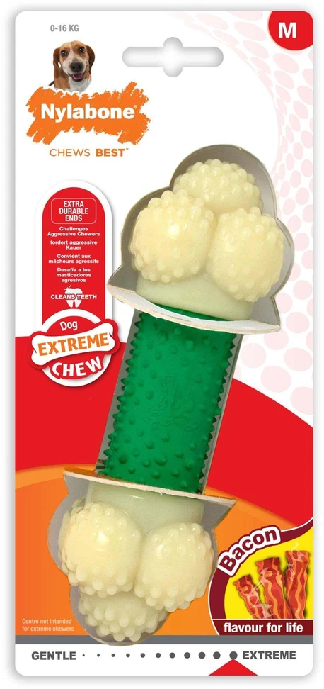 Nylabone Extreme Double Action kramtakšlis – įvairios tekstūros, su kiaulienos ir mėtų skoniu, vidutinio dydžio