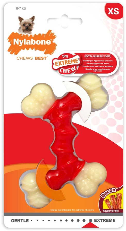 Nylabone Extreme Double Bone Chew Toy – XL patvarus dizainas su šoninės mėsos skoniu, skirtas stipriems graužikams