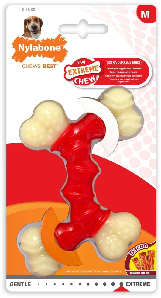 Nylabone Extreme Double Bone Chew Toy – XL patvarus dizainas su šoninės mėsos skoniu, skirtas stipriems graužikams