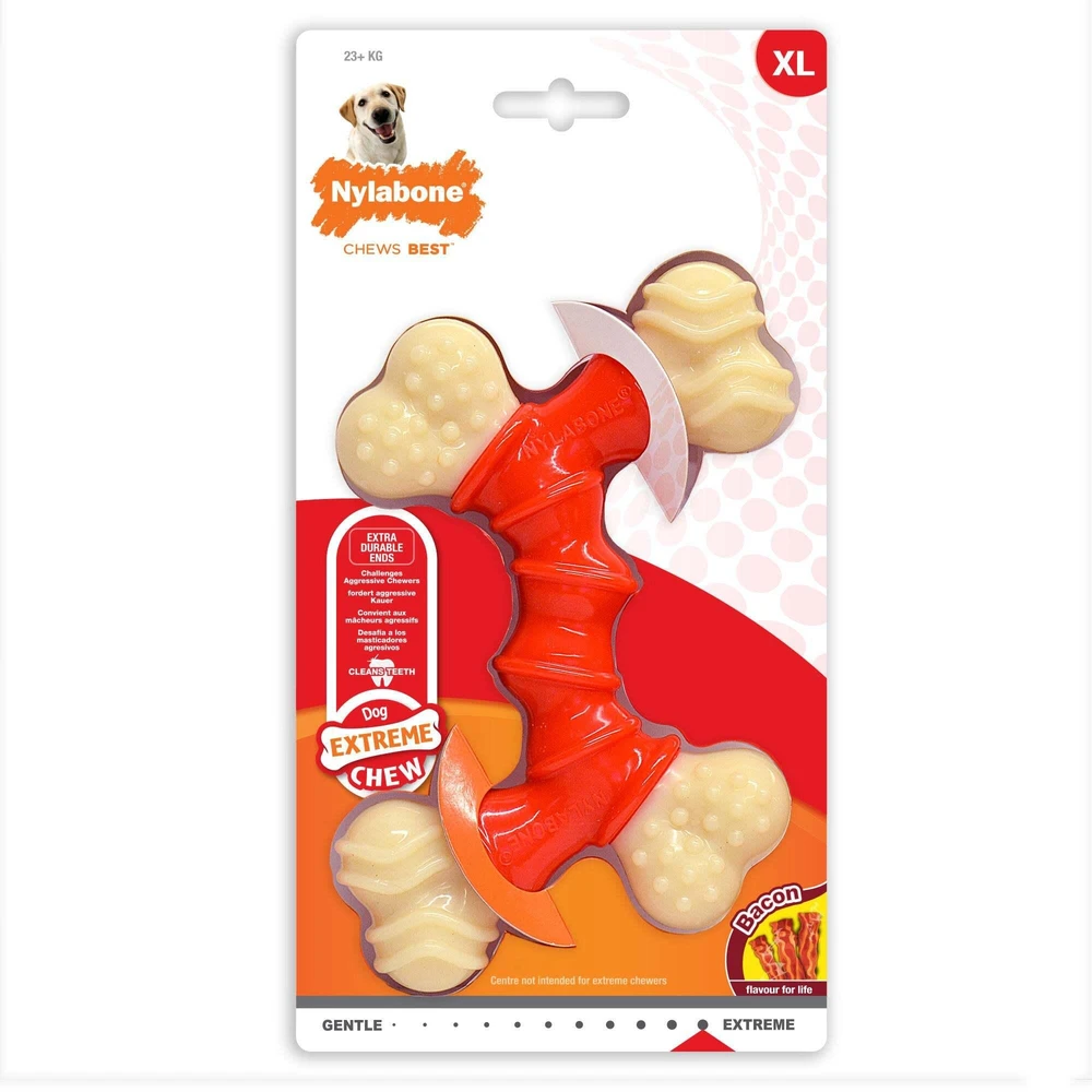 Nylabone Extreme Double Bone Chew Toy – XL patvarus dizainas su šoninės mėsos skoniu, skirtas stipriems graužikams