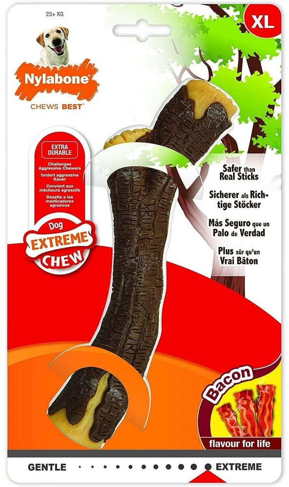 Nylabone Extreme medinio dydžio laužymo pagaliukas – tvirtas, šoninės skonio, saugus žaislas Nylabone
