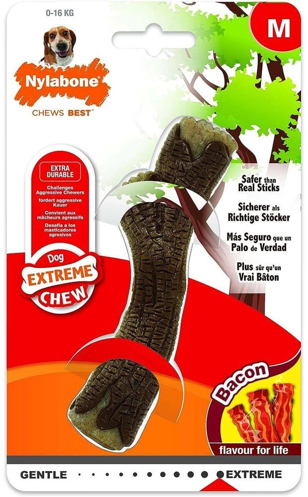 Nylabone Extreme medinio dydžio laužymo pagaliukas – tvirtas, šoninės skonio, saugus žaislas Nylabone