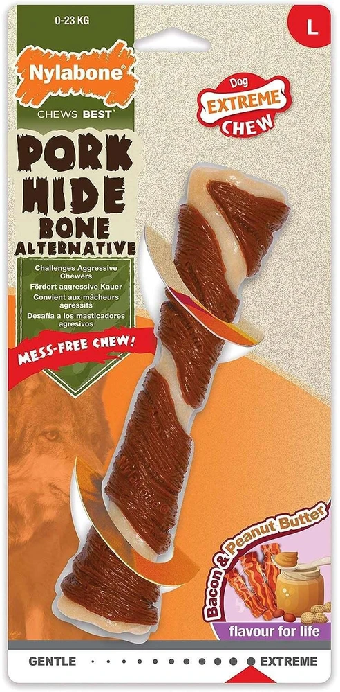 Nylabone Extreme Porkhide L – Šoninės ir žemės riešutų sviesto skonio ilgaamžis šunų kramtukas
