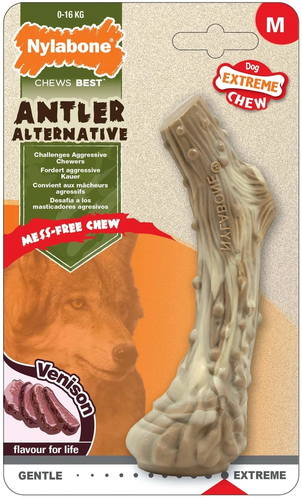Nylabone Extreme Venison elnio rago kramtukas – patvarus dirbtinis ragas su elnienos kvapu, vidutinio dydžio