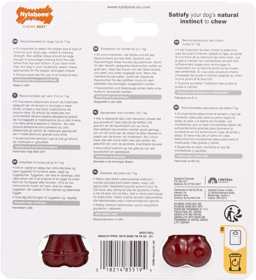 Nylabone Power Chew Basted Blast Bone XS – Kietas Dvigubo Skonio Šoninės ir Kepsninės Kramtomųjų Žaislų Rinkinys, 2 vnt.