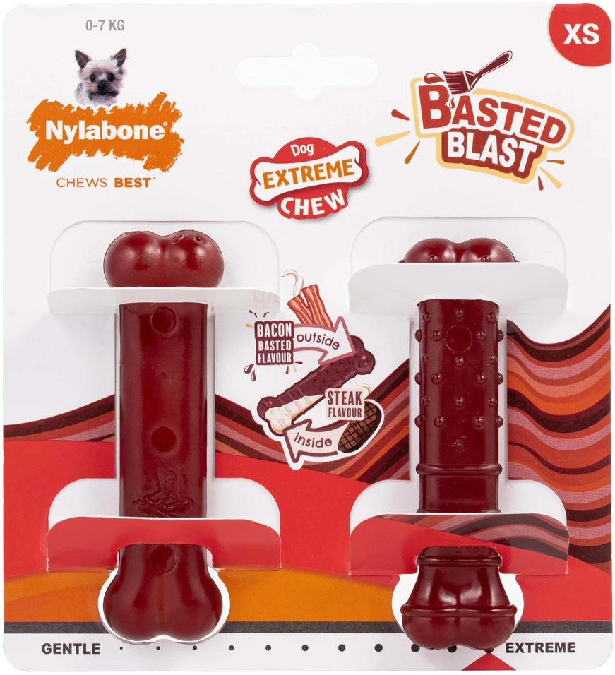 Nylabone Power Chew Basted Blast Bone XS – Kietas Dvigubo Skonio Šoninės ir Kepsninės Kramtomųjų Žaislų Rinkinys, 2 vnt.