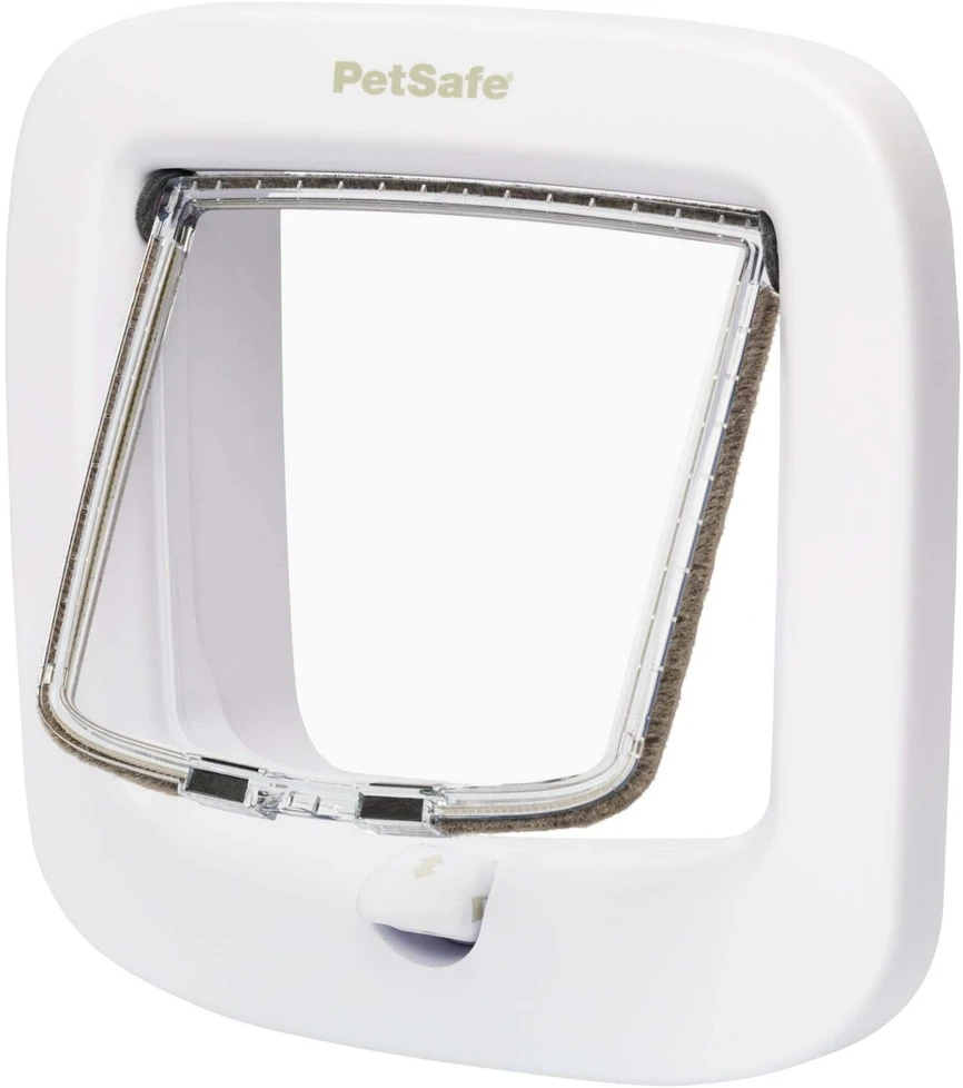 PetSafe katės durelės su rankiniu užraktu – baltos, suŷ integruotu tuneliu ir saugiu užraktu