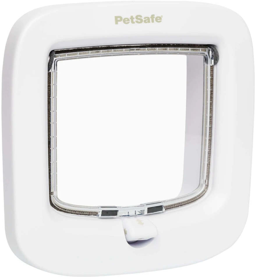PetSafe katės durelės su rankiniu užraktu – baltos, suŷ integruotu tuneliu ir saugiu užraktu